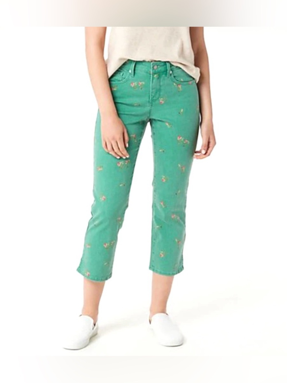 NYDJ Skinny Capri Jeans Side Slits Printed Floral Green Size 10 NWT
